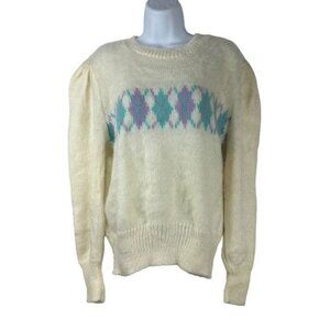 Vintage Fortune Knits Orlon & Mohair Argyle Sweater Made In USA Cream & Pastels